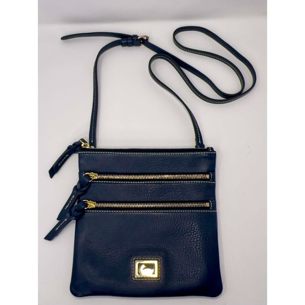 Dooney & Bourke Pebbled Leather Triple Zip Crossbody Purse Navy Blue Adjustable